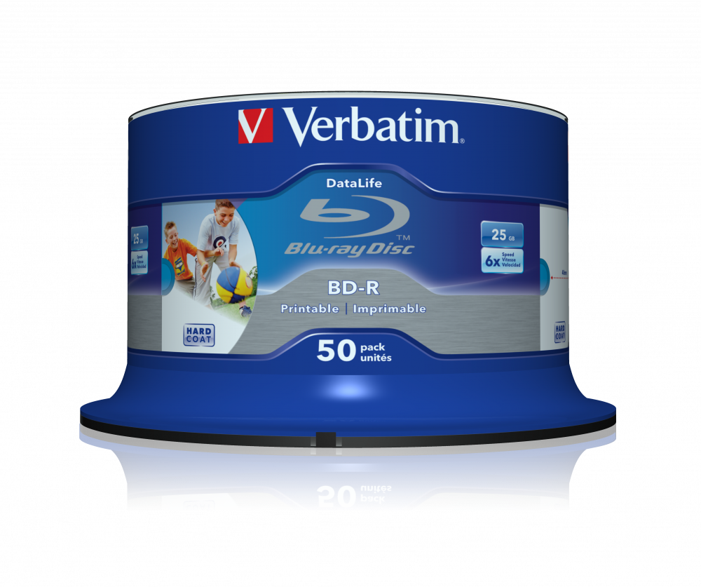 Verbatim BD-R 25GB Blu-ray Recordable Disc InkJet Printable 50 Pack Spindle | IJP Datalife Series, Part No. 43812