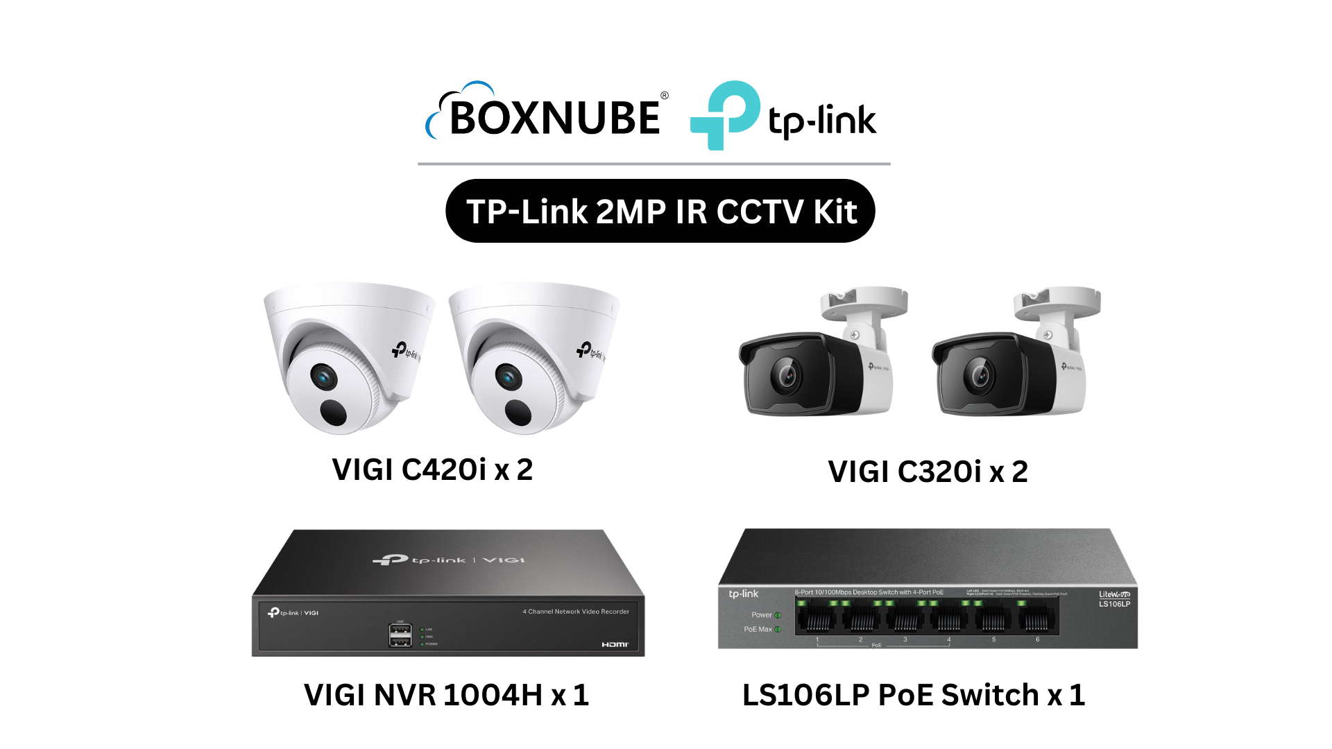 TP-Link VIGI 2MP IR Full HD Camera Kit Bundle | 2 x VIGI C420i, 2 x VIGI C320i, 1 x 4 Channel NVR, 1 x 4 Port PoE Switch | Ideal for homes, shops & small offices