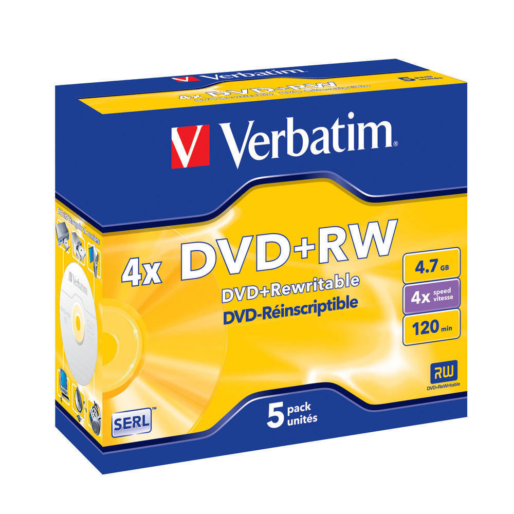Verbatim 4.7GB DVD+RW 4x Speed Blank DVD RW Disc in Jewel Case 43229 (Pack of 5)