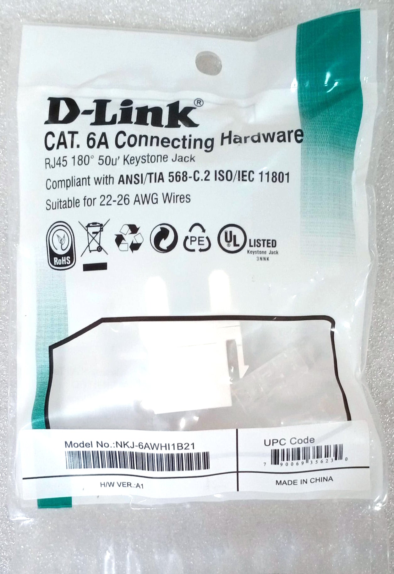 D-Link CAT6A I/O Keystone Jacks suitable for 23-26 AWG cable NKJ-6AWHI1B21 (White Color)