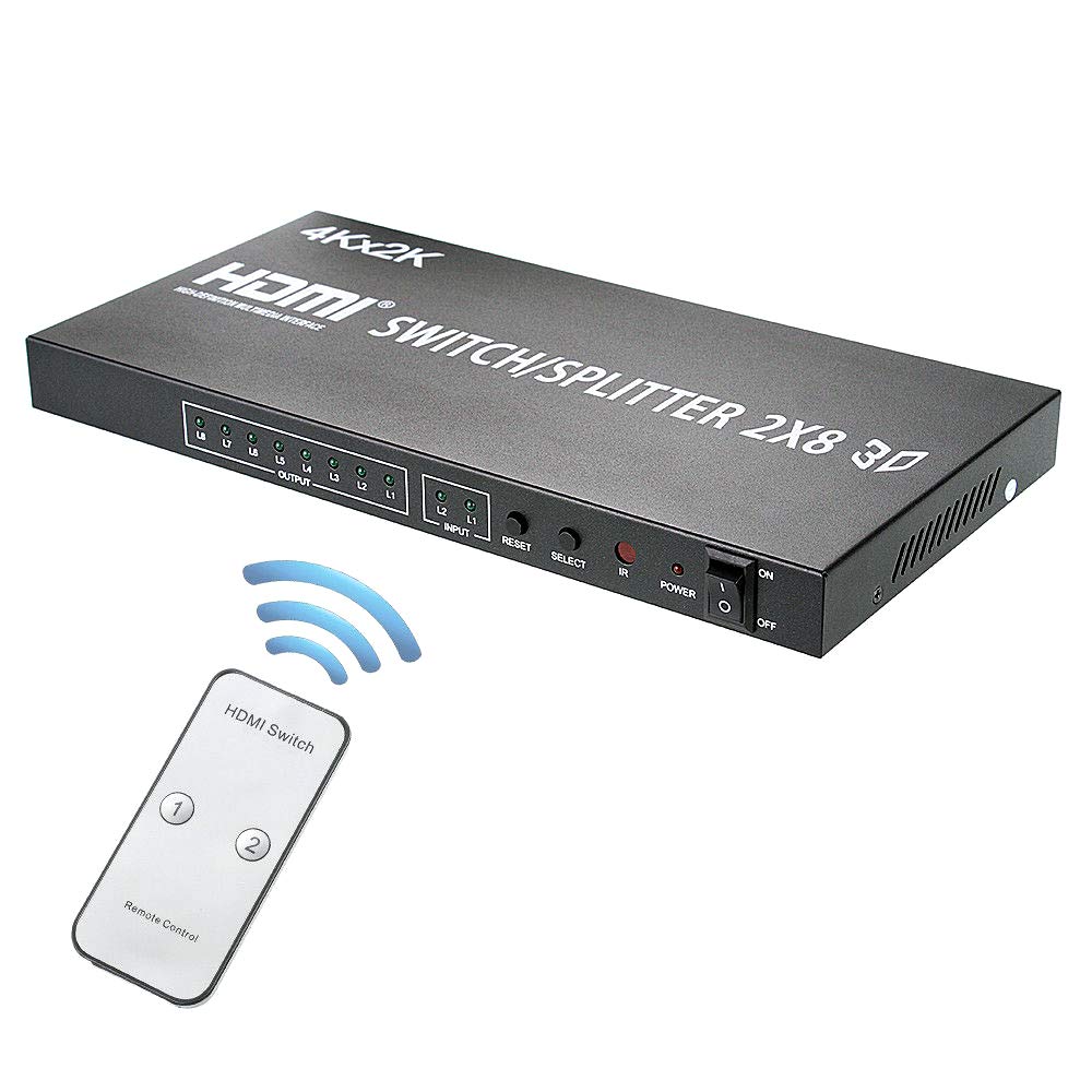 BOXNUBE HDMI 2x8 Matrix Switch Splitter Converter Switcher with Remote Control 2 in 8 Out 3D 1080p