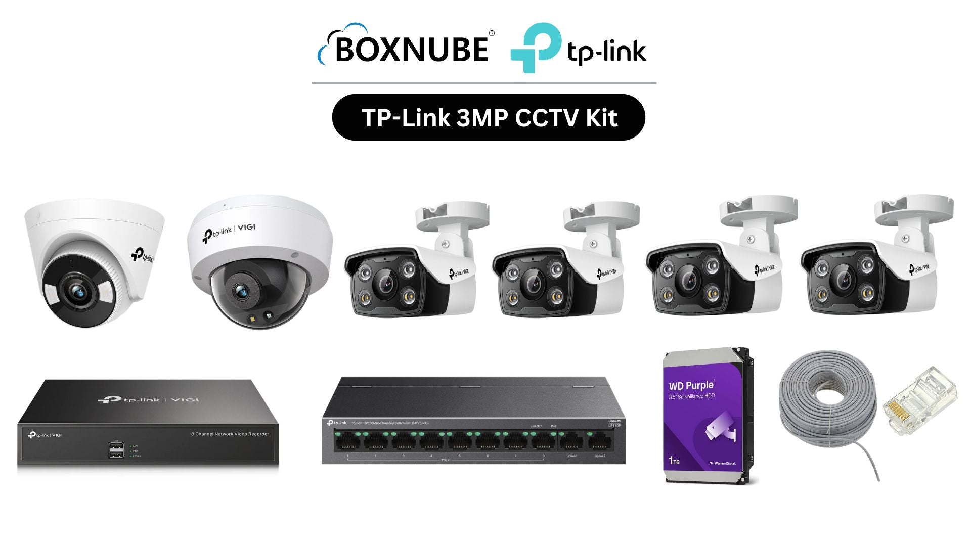 TP-Link VIGI 3MP 6 Camera Kit Bundle| 4x C330 Bullet, 1x C430 Turret, 1x C230 Dome, 8 Channel NVR, 8 Port PoE Switch, 100M CAT6 Cable, RJ45 Connectors