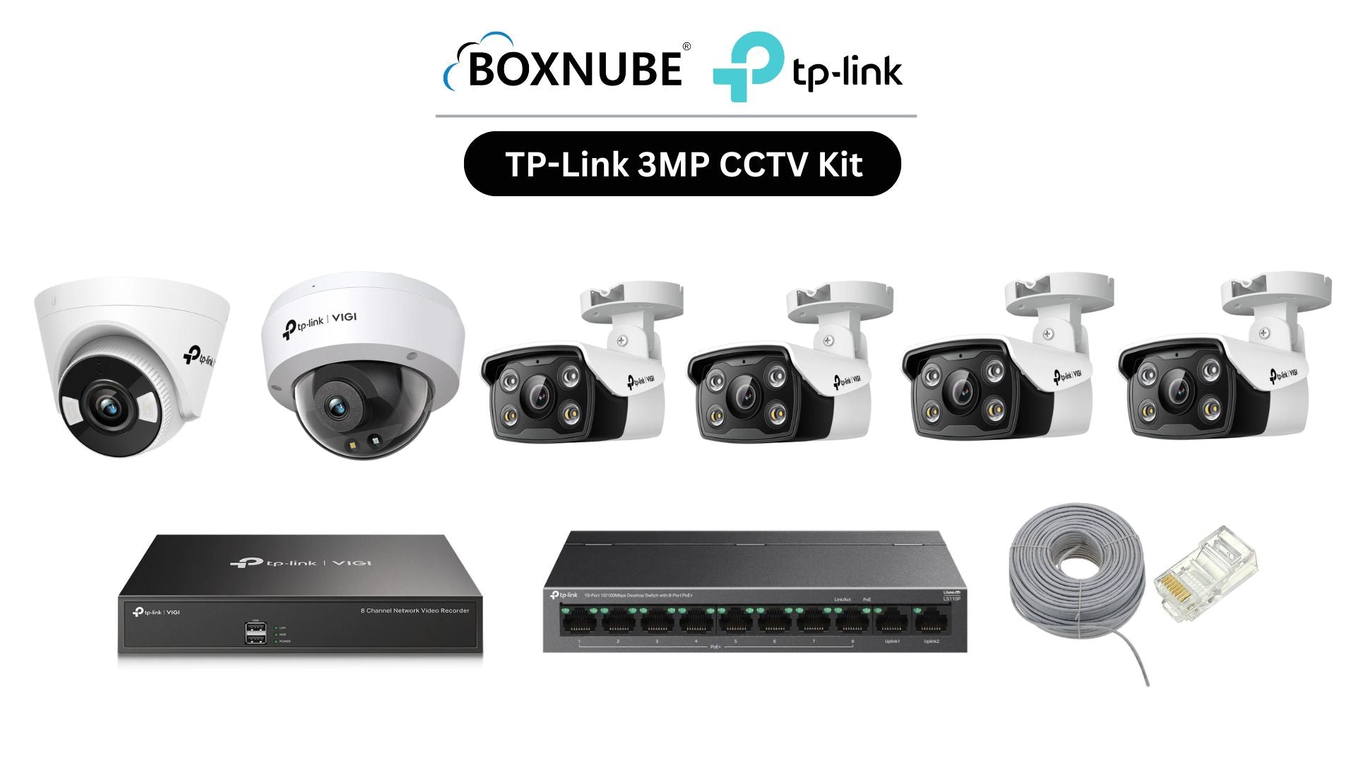 TP-Link VIGI 3MP 6 Camera Kit Bundle| 4x C330 Bullet, 1x C430 Turret, 1x C230 Dome, 8 Channel NVR, 8 Port PoE Switch, 100M CAT6 Cable, RJ45 Connectors