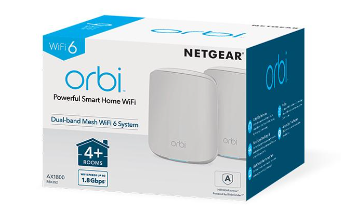 Netgear AX1800 WiFi Mesh System (RBK352) Orbi Dual-Band WiFi 6 Mesh System, 1.8Gbps, Router + 1 Satellite