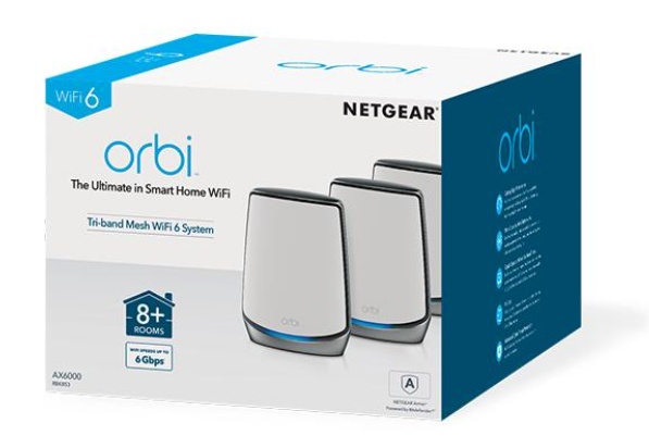 Netgear Orbi RBK853 AX6000 WiFi Mesh System Tri-Band WiFi 6 Mesh System, 6Gbps, 1 Router + 2 Satellites