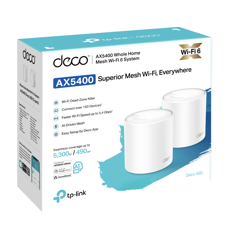 TP-Link DECO X60 AX5400 Whole Home Mesh Wi-Fi 6 System | Up to 5400Mbps Speed | 2× Gigabit LAN / WAN Ports